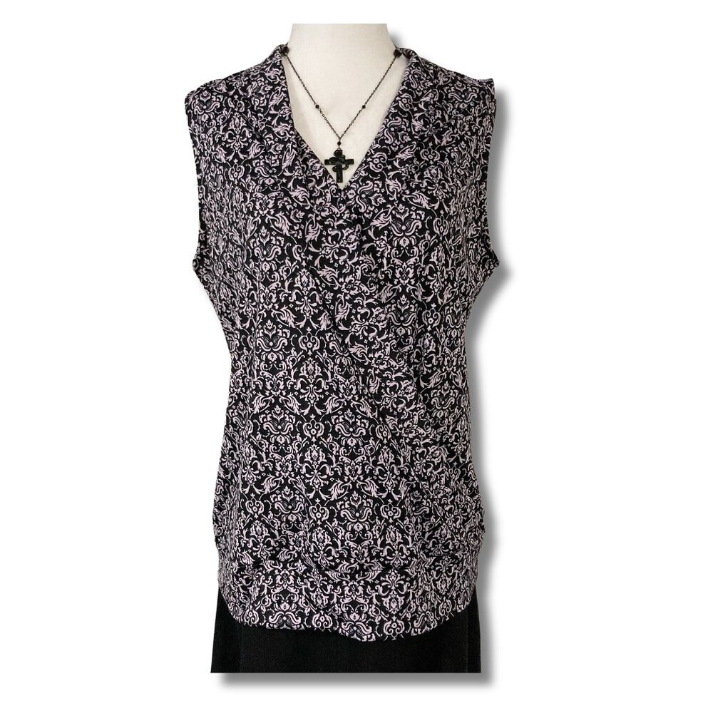 CLEO PETITES Black pale purply pink damask print sleeveless shirt ~ MEDIUM LARGE